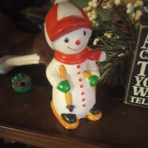 Snowman Figurine with Red Hat and Green Mittens VTG